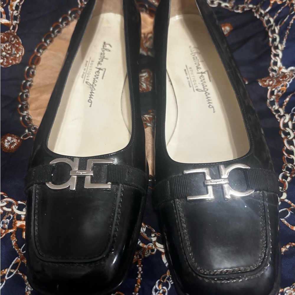 Salvatore Ferragamo Black and Silver Flats